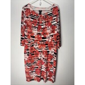 Ann Taylor Womens Dress Sz LFloral Red Black Midi Pleated Cinch Waist